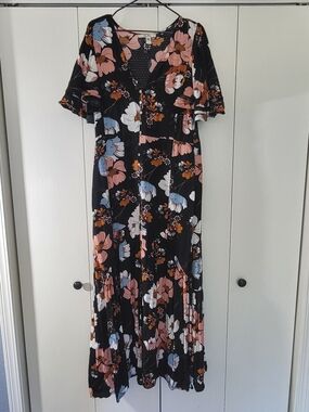 Ella Moon Lg, Black Floral High/Low Maxi Dress with Pink & Blue Blooms
